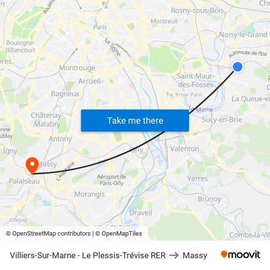 Villiers-Sur-Marne - Le Plessis-Trévise RER to Massy map