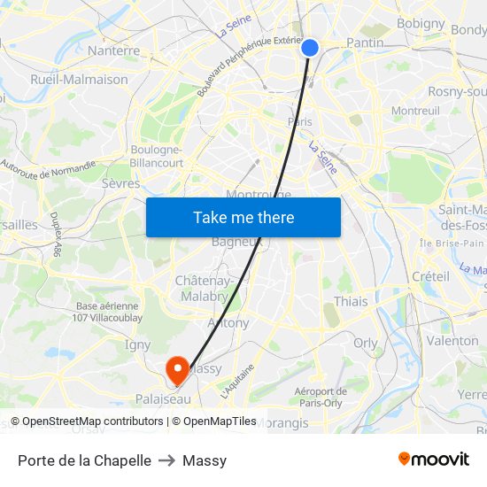 Porte de la Chapelle to Massy map