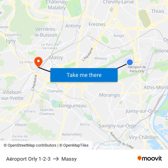 Aéroport Orly 1-2-3 to Massy map