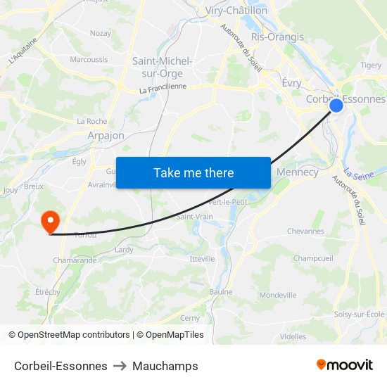 Corbeil-Essonnes to Mauchamps map