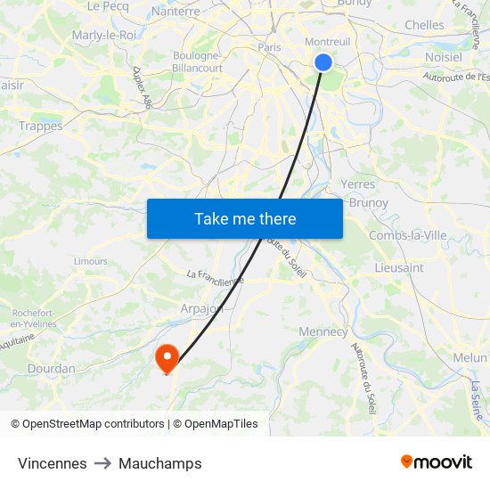 Vincennes to Mauchamps map