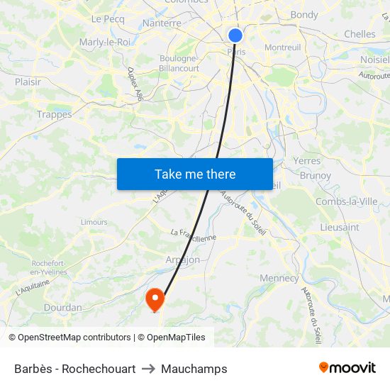 Barbès - Rochechouart to Mauchamps map