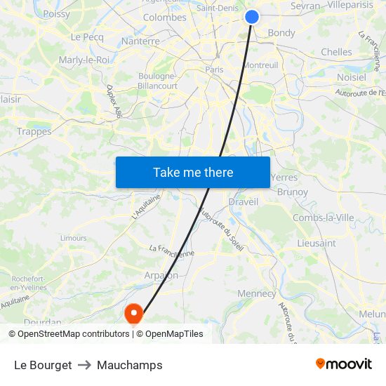 Le Bourget to Mauchamps map