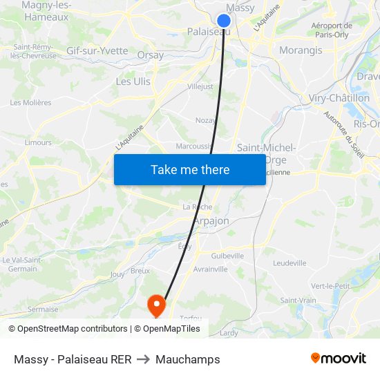 Massy - Palaiseau RER to Mauchamps map