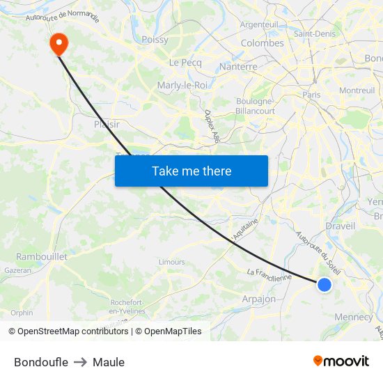 Bondoufle to Maule map