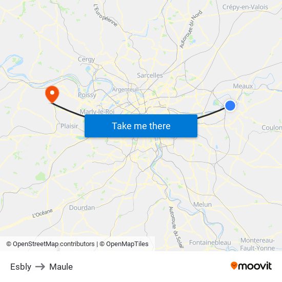 Esbly to Maule map