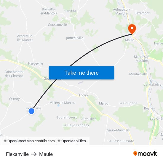 Flexanville to Maule map