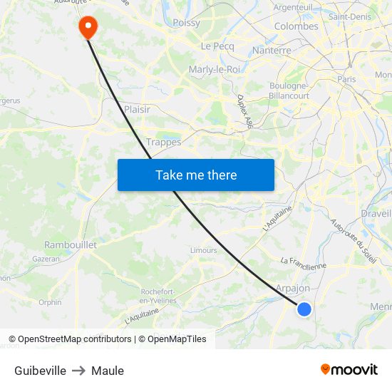 Guibeville to Maule map