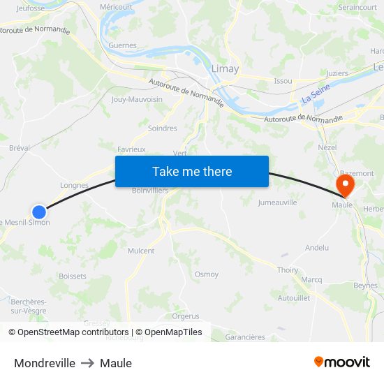 Mondreville to Maule map