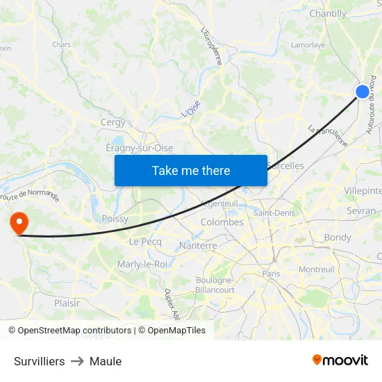 Survilliers to Maule map