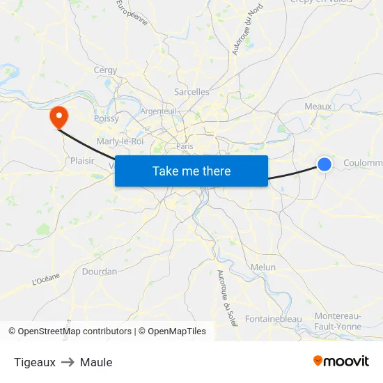 Tigeaux to Maule map