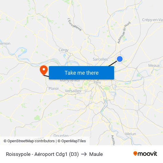 Roissypole - Aéroport Cdg1 (D3) to Maule map