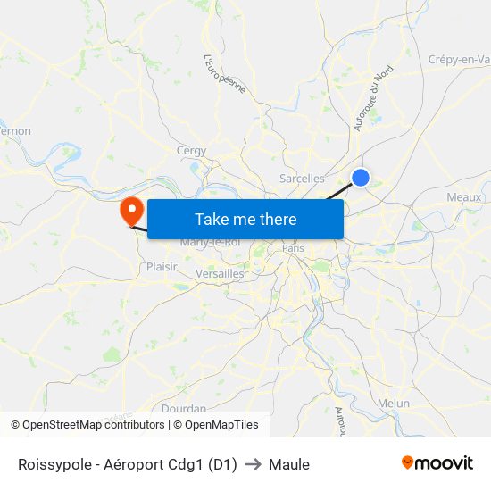 Roissypole - Aéroport Cdg1 (D1) to Maule map
