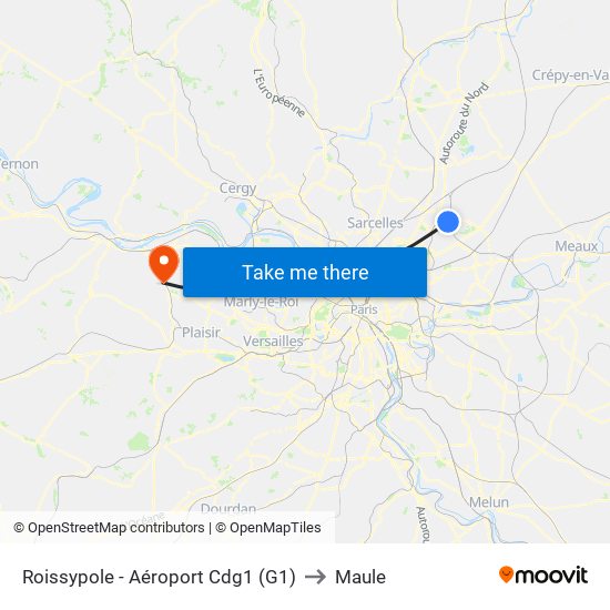 Roissypole - Aéroport Cdg1 (G1) to Maule map