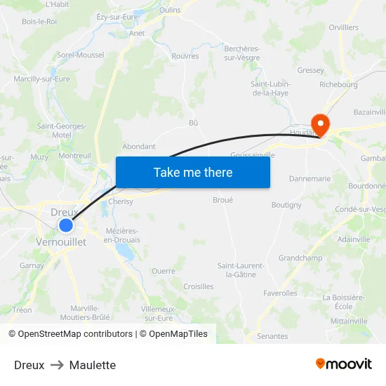 Dreux to Maulette map