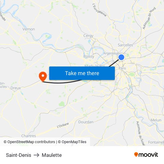 Saint-Denis to Maulette map