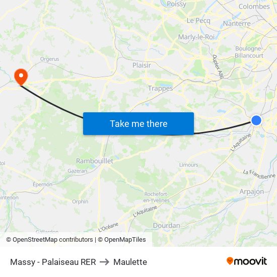 Massy - Palaiseau RER to Maulette map