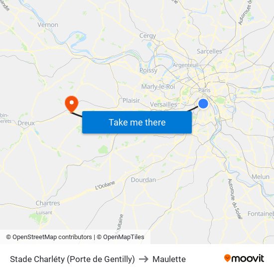 Stade Charléty (Porte de Gentilly) to Maulette map