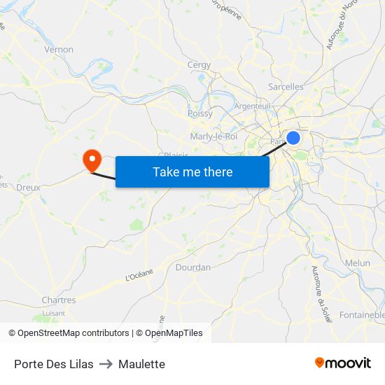 Porte Des Lilas to Maulette map