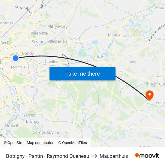 Bobigny - Pantin - Raymond Queneau to Mauperthuis map