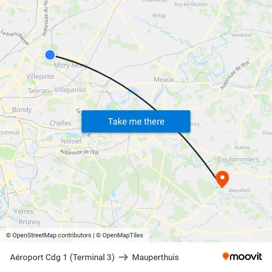 Aéroport Cdg 1 (Terminal 3) to Mauperthuis map