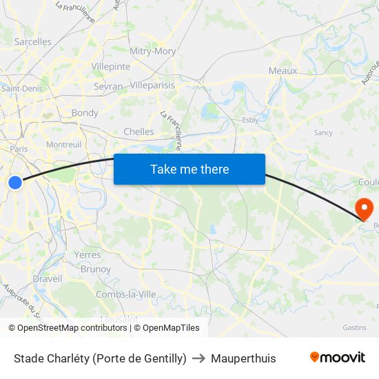 Stade Charléty (Porte de Gentilly) to Mauperthuis map