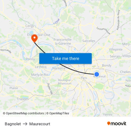 Bagnolet to Maurecourt map