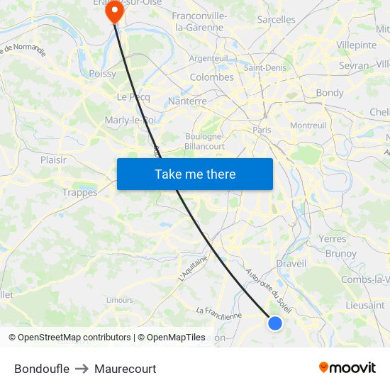 Bondoufle to Maurecourt map