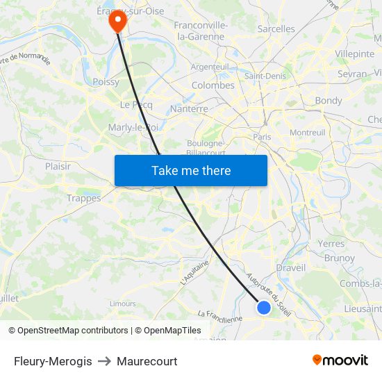 Fleury-Merogis to Maurecourt map