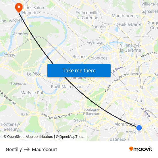 Gentilly to Maurecourt map
