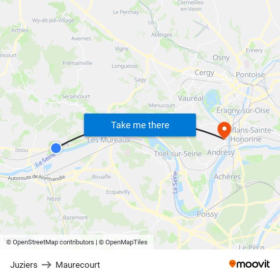 Juziers to Maurecourt map