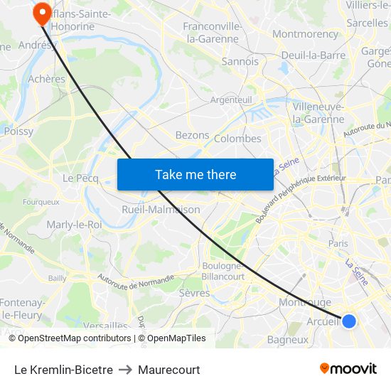 Le Kremlin-Bicetre to Maurecourt map