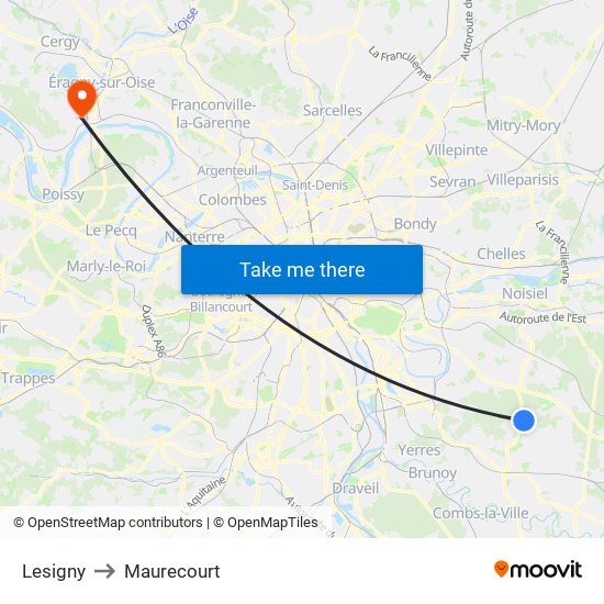 Lesigny to Maurecourt map