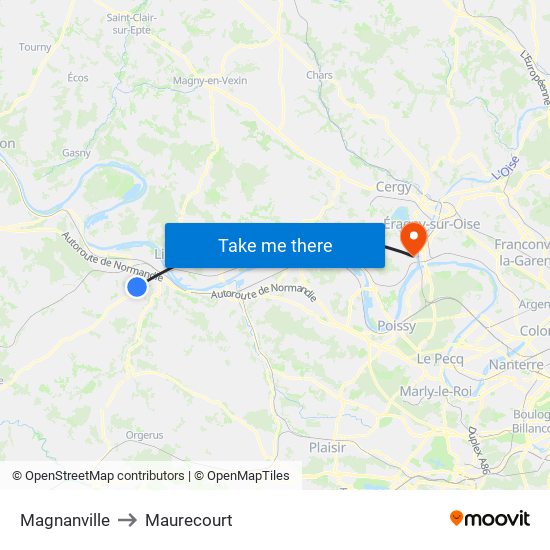 Magnanville to Maurecourt map