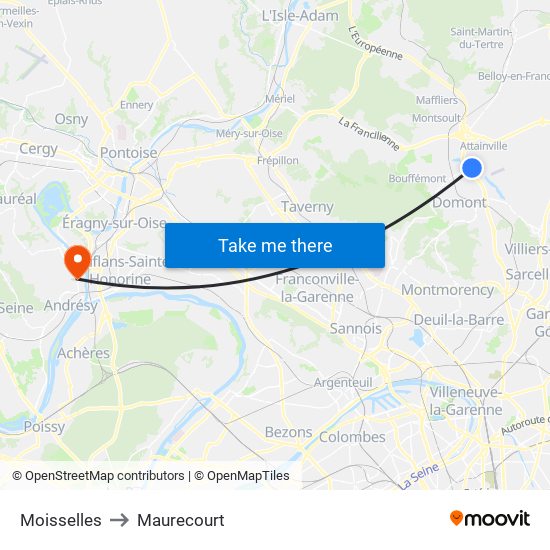 Moisselles to Maurecourt map