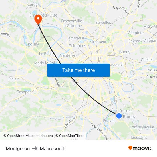 Montgeron to Maurecourt map