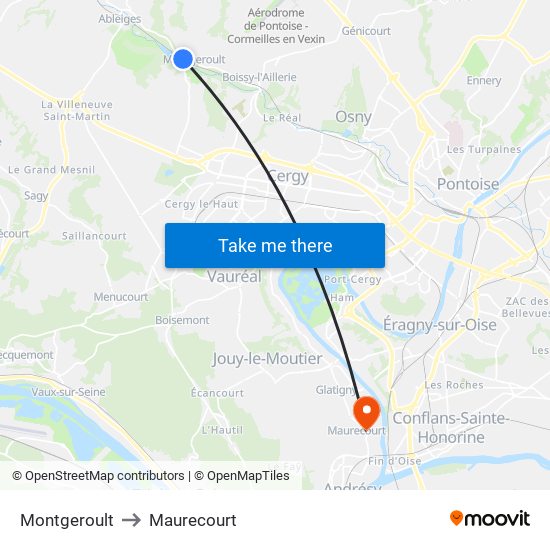 Montgeroult to Maurecourt map