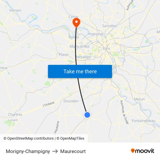 Morigny-Champigny to Maurecourt map