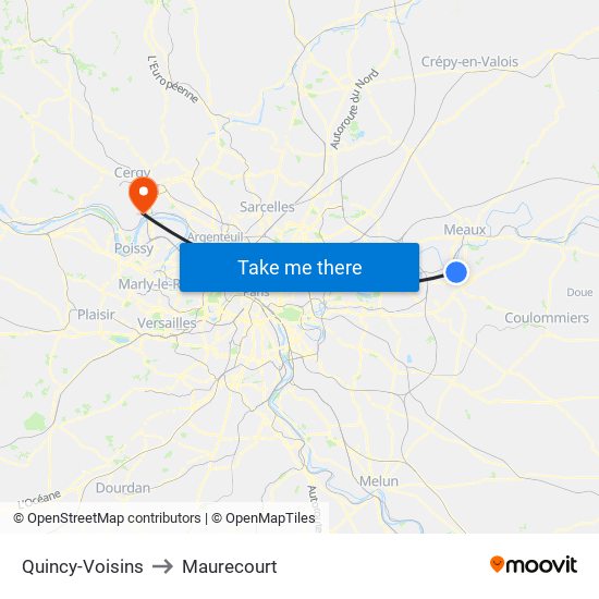 Quincy-Voisins to Maurecourt map