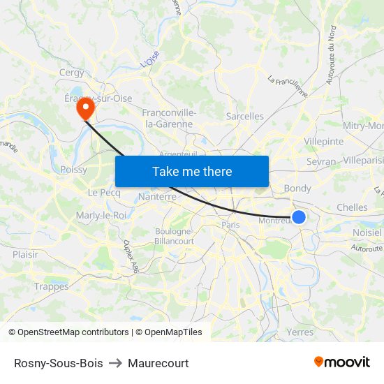 Rosny-Sous-Bois to Maurecourt map