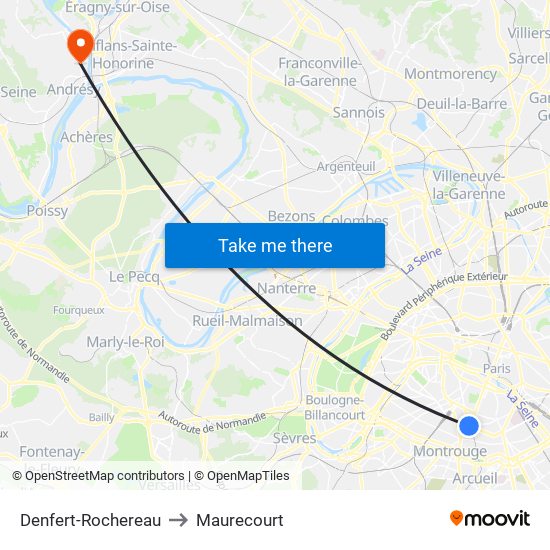 Denfert-Rochereau to Maurecourt map