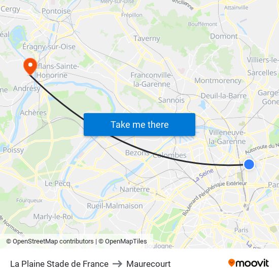 La Plaine Stade de France to Maurecourt map