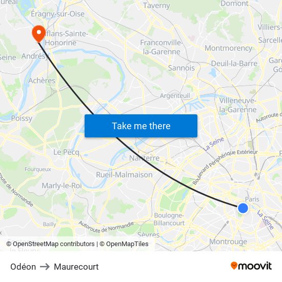 Odéon to Maurecourt map