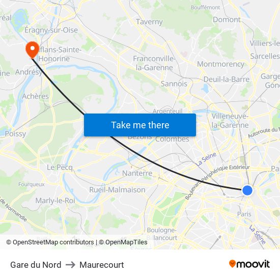 Gare du Nord to Maurecourt map