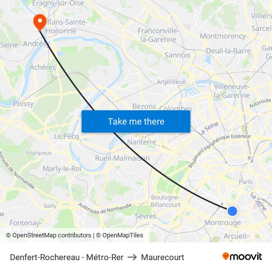 Denfert-Rochereau - Métro-Rer to Maurecourt map