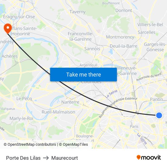 Porte Des Lilas to Maurecourt map