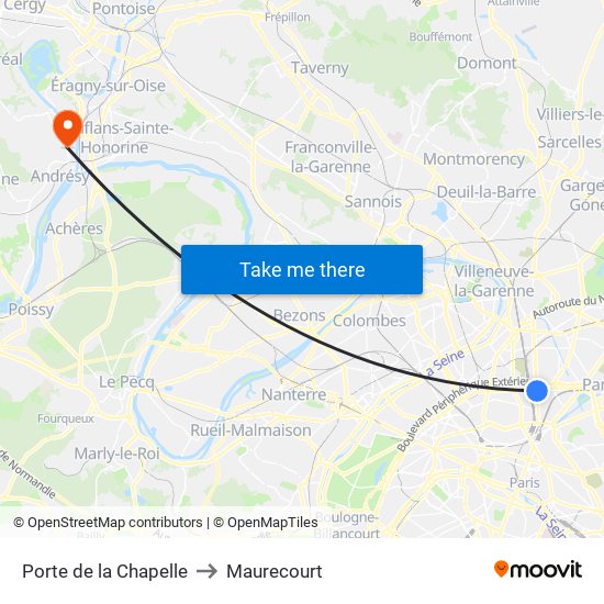 Porte de la Chapelle to Maurecourt map