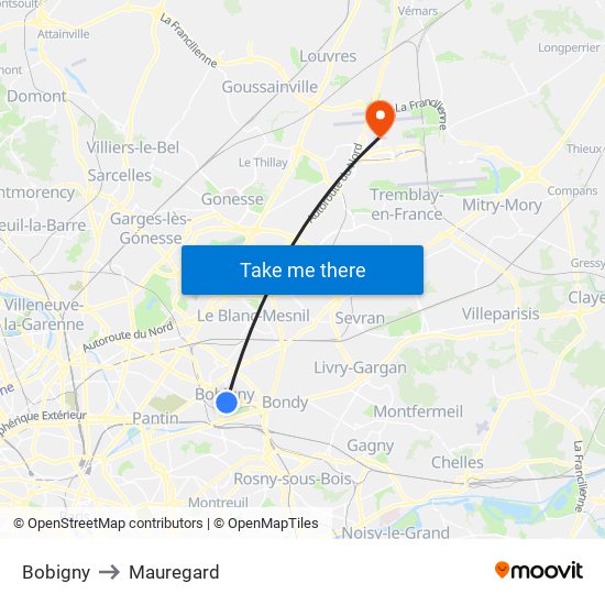 Bobigny to Mauregard map