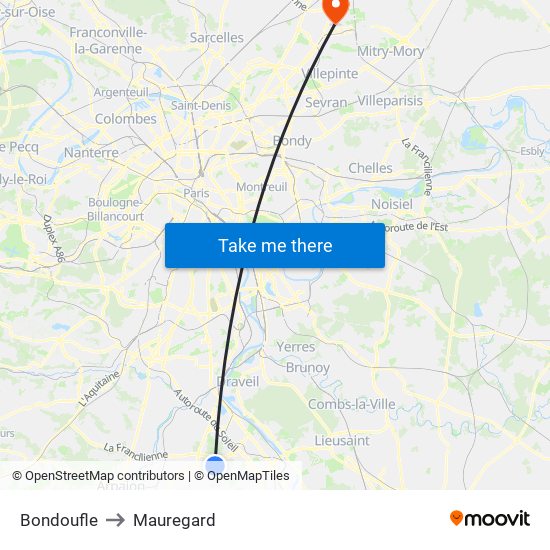Bondoufle to Mauregard map