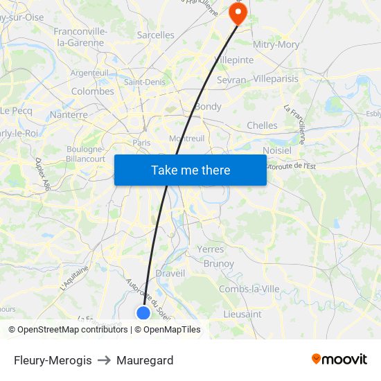 Fleury-Merogis to Mauregard map
